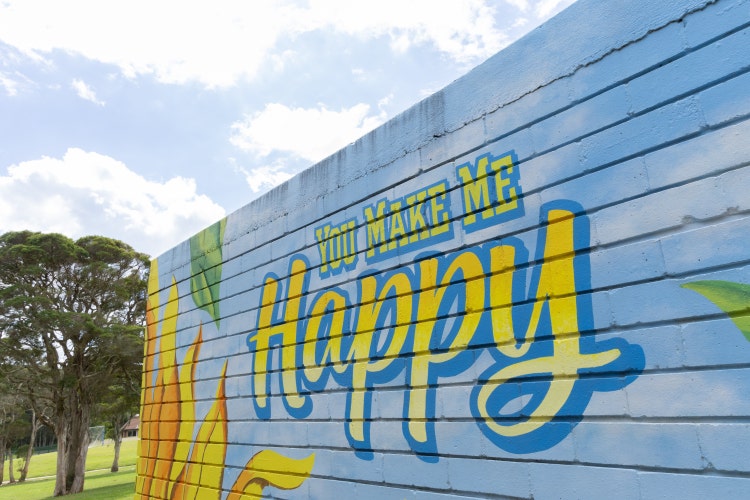 A painted mural of a sunflower on the side of the shed